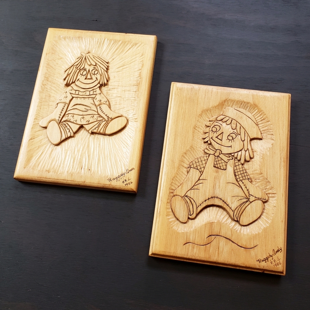 Vintage Hand Made Wood Carving Raggedy Anne & Andy Wall Hanging Folk Art Set
